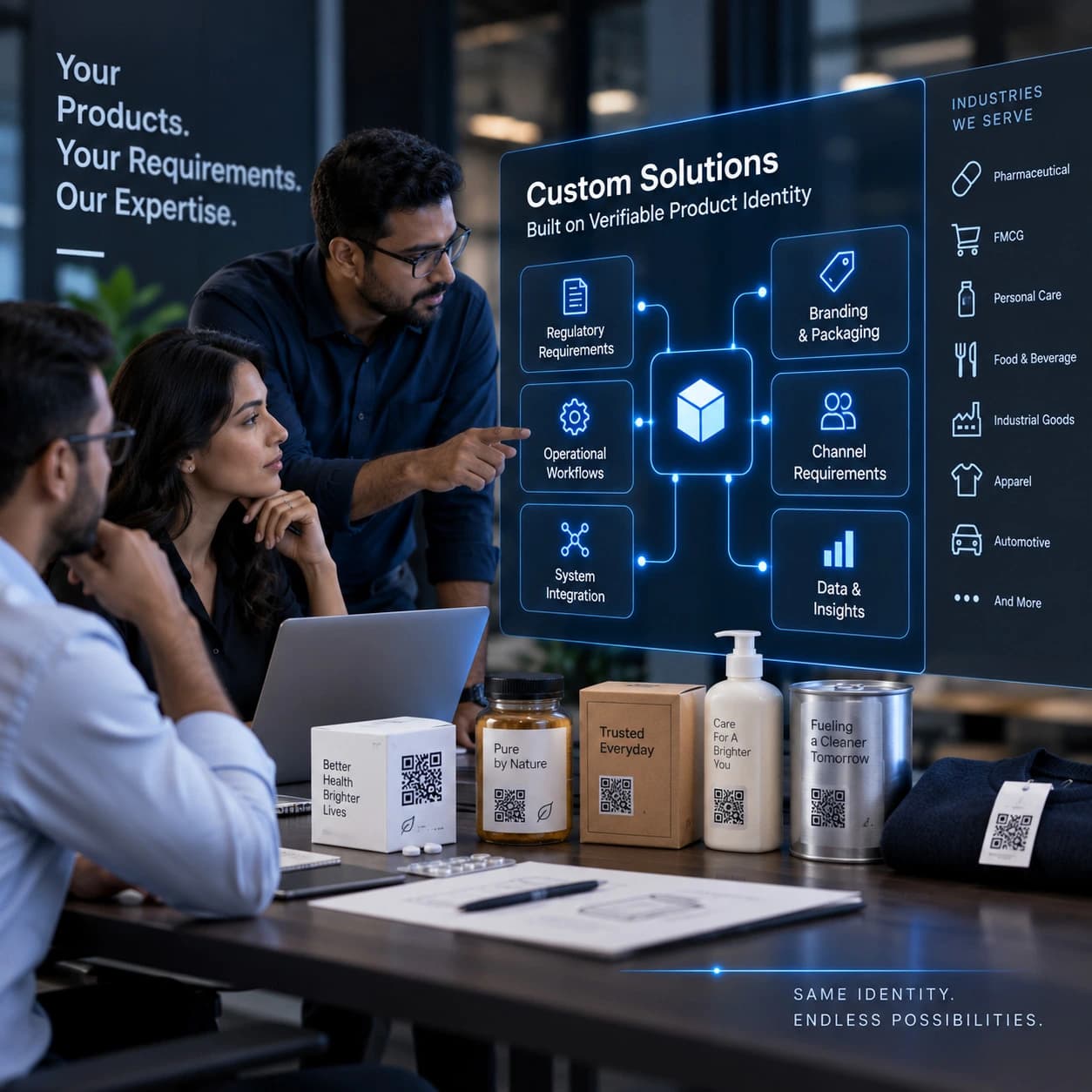 Team designing custom product identity workflows across regulatory, operational, branding and channel requirements.