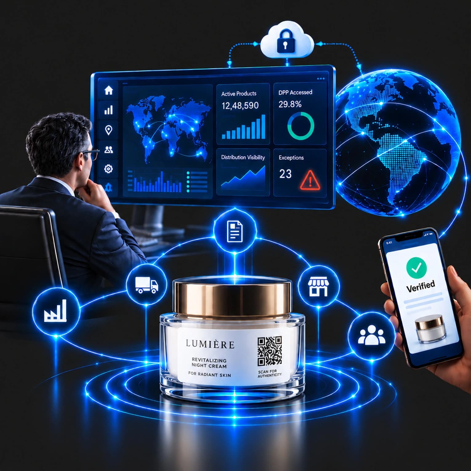 Ciphercode verifiable digital product identity connecting a physical product to enterprise dashboards, distribution channels and consumer verification.