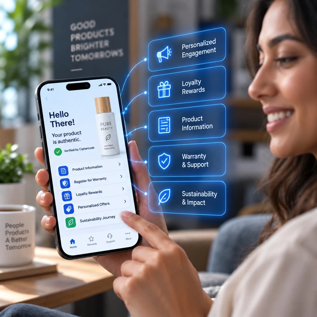 Consumer using a smartphone to access product information, warranty, loyalty and personalized services.