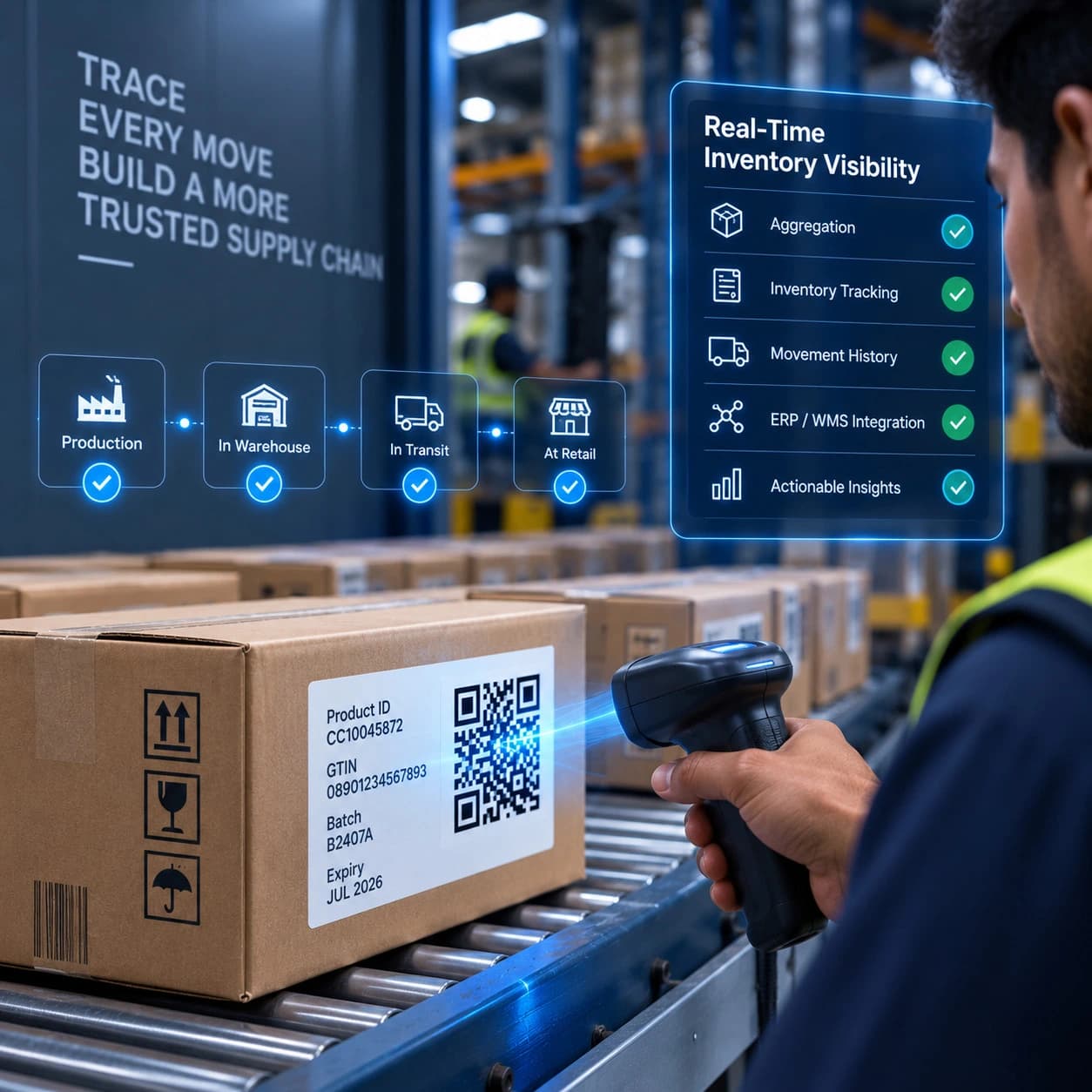 Warehouse operator scanning serialized cartons with inventory visibility and movement tracking.